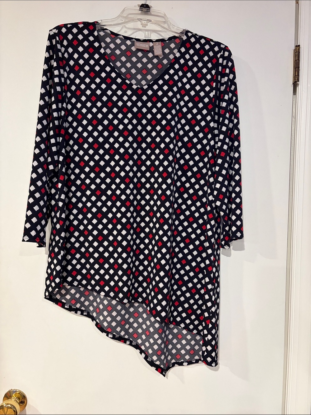 Asymmetric V-Neck Blouse in Black with White & Red Diamond Print